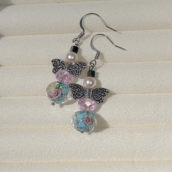 Handmade Pink & Blue Roses Angel Earrings Glass & Faux Pearl Silver Tone Girly - Picture 6 of 6